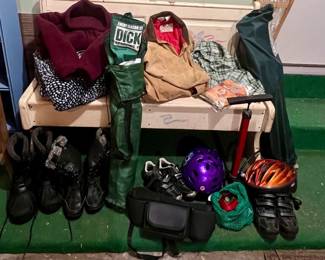 Biking helmets, shoes, waist bag and biking shoes along with 2 bagged chairs and outdoor clothing men/women