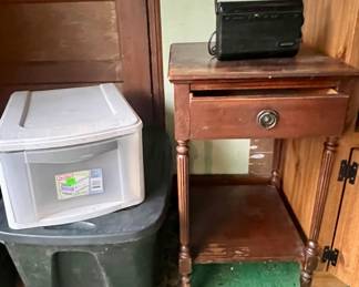 Totes and vintage radio and nightstand ready to be made new again
