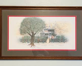 Modern sketch of Antebellum home w/wrought iron fence in wooden double matted frame (12x24) 