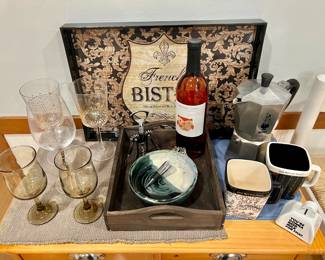 Gold speckled wines glasses, Bistro tray, wooden tray, coffee carafe and mugs - ready for any group of friends