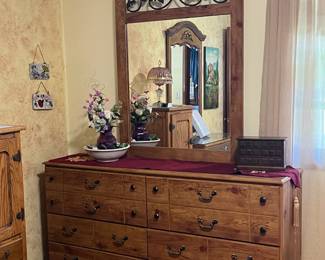 Wood and Wrought Iron mirrored 8 drawer dresser and matching style queen bed. 