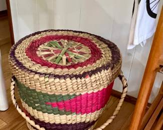 Woven covered basket w/braided handles