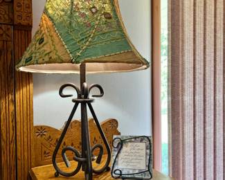 Unique cloth fabric artistic lampshade and wrought iron base - small message on a metal stand