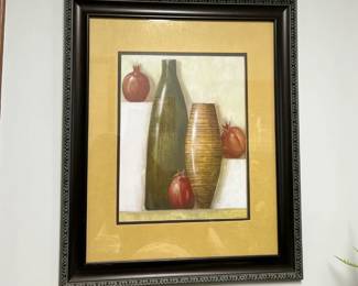 Kitchen Spice w/Love wooden hanging (9x24) and Pottery displayed on stucco shelves framed in dark wood with terra cotta matting (18x24)