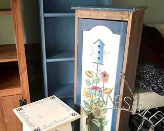 Tall blue shelving unit 