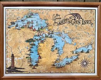 Lighthouses of Michigan across the Great Lakes - (24x36) matted with thin beige in wooden frame