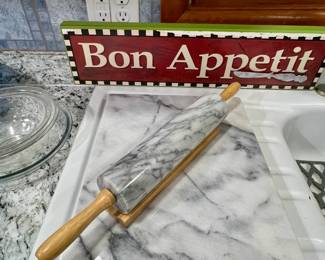 Bon Appetit wooden sign and marble tray and rolling pin