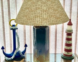 Nautical bliss - Blue wooden anchor, Red/White lighthouse and a ceramic lamp that brings it all together 
