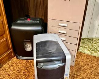 Shredder, older hard drive, metal drawers side table and small copier/printer