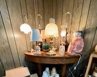 Assortment of lamps and lava rocks and two brand new western electric 'candle' sconces 