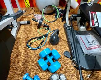Free weights, straps, bell weight, ball, foam core roller
