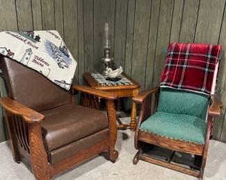 Two comfy armchairs wooden faux leather and upholstered rocker / glider - nautical and warm paid throws