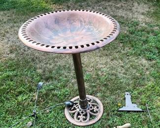 Birdbath and various fun metal decorative items - notice the true 'cow bell'