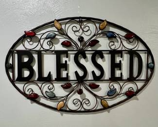Wrought iron oval BLESSED wall hanging adorned with natural stones