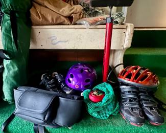 Biking helmets, shoes, straps and waist packet/pocket