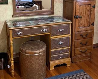 Unique multi-wood vanity with protective glass top - separate wall mirror and antique side vanity for holding whatever belongs to you - medium size latched compartment atop 3 smaller drawers