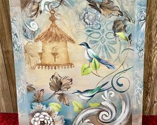 Birds and Flowers watercolor canvas framed print (18x24) ready to hang.