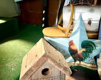 Bird feeder, Rooster tin star, aluminum lunch box, furniture spindle made into dragon fly to hang/hold