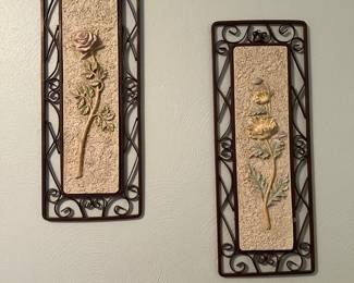 Ceramic flower carvings framed in scrolling metal (6x12)