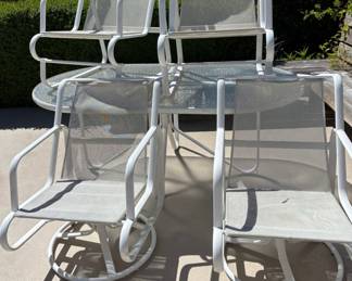 White Metal Frame with Frosted Glass Top Patio Table with 4 Swivel Dining Chairs