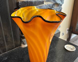 Dan Bergsma Orange Hand Blown Art Glass Vase with Black Ruffled Edge