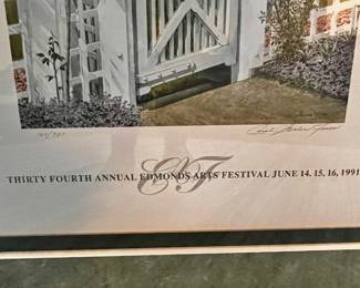 Framed & Matted 34th Annual 1991 Edmonds Arts Festival Print Featuring "White Garden Gate" by Carol Stecher-Jones