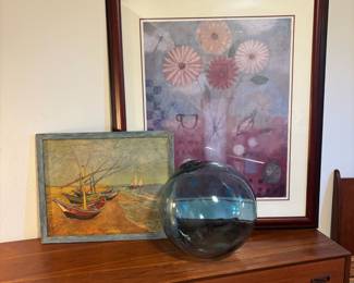 Framed Vincent Van Gogh Boats of St. Marie Reproduction Print, Large Blue Blown Glass Float, Framed & Matted Print "Beginning Again" by Marti Somers