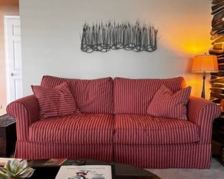 Pair of Matching Red & White Striped Love Seats