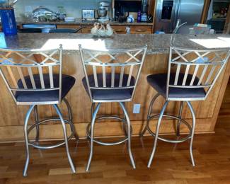 Set of 3 Silver Metal Bar Stools with Blue Upholstered Seat