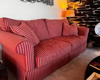 Pair of Matching Red & White Striped Love Seats