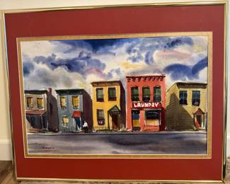 Framed & Matted Street Scene Watercolor Signed Hotchkiss
