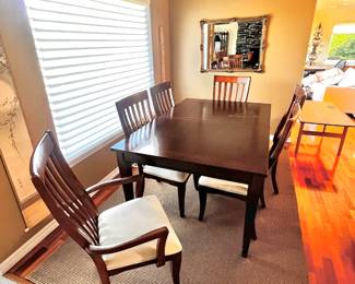 Dark Wood Six-Seat Dining Set with Upholstered Chairs