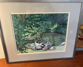 Framed & Matted Tranquil Woodland Stream Watercolor Painting by Peggy Goldsmith