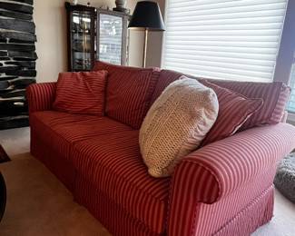 Pair of Matching Red & White Striped Love Seats