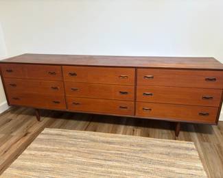 Mid Century Teak Long Nine Drawer Dresser