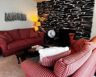 Pair of Matching Red & White Striped Love Seats