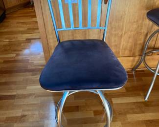 Set of 3 Silver Metal Bar Stools with Blue Upholstered Seat