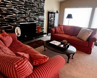 Pair of Matching Red & White Striped Love Seats