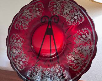 Ruby Red Glass Plate with Silver Floral Overlay