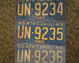 3 Sequential 1965 North Carolina License Plates