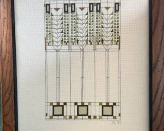 Linen cross-stitch Frank Lloyd Wright framed picture.