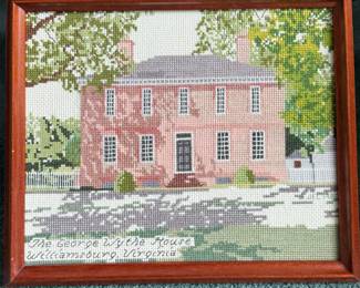 Framed cross-stitch Wythe House picture.