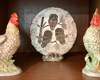Homco Rooster and Hen Figurines and Mt. St. Helens Owl Plaque
