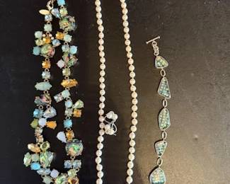 Vintage Navajo Turquoise Coral and possible Lapis Lazuli Malachite Mother of Pearl Opaline plus a Beautiful Strand of Real Pearls with matching Earrings and Lovely Inlaid Enameled Sterling Bracelet