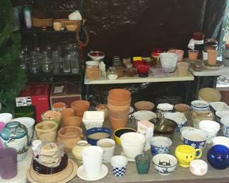 Ceramic, glass, clay, plastic flower pots and Tins