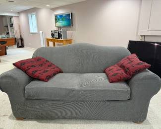 Love seat with grey couch cover. Original fabric is the pillow fabric (red Aztec)
$100 for just love seat
$200 for both love seat and sofa