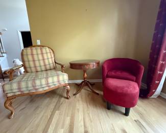 Small red chair with small ottoman $25
Dark brown side table $20
Plaid green, yellow, and red chair $50
Split or buy together for $80