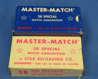 Lot 247. Two boxes of 50 each (100 total) Master-Match 38 Special ammo. One box has 50 wad-cutter reloads. The other has 50 semi-wad-cutter reloads