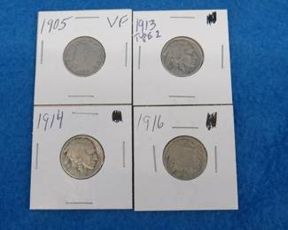 Lot 69. Four collectible nickels: 1905 Liberty head, 1913 P Buffalo Type 2, 1914 P Buffalo, 1916 P Buffalo.