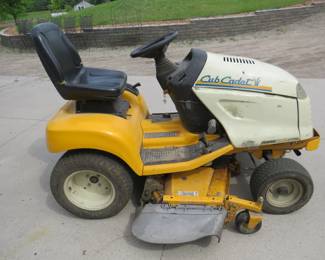Lot 10. Cub Cadet Power Shaft GT3204, 48" deck, 23 HP Kohler. The steering's a little Has minor repairs but it runs. Use starter fluid to start when cold.